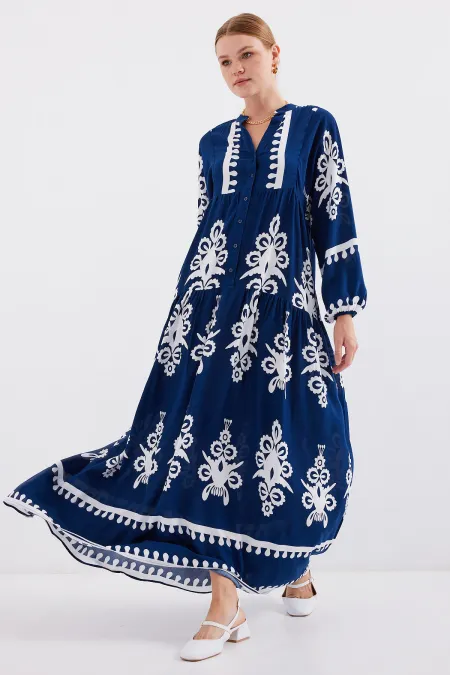 2423 Authentic Patterned Hijab Dress - Light Navy Blue
