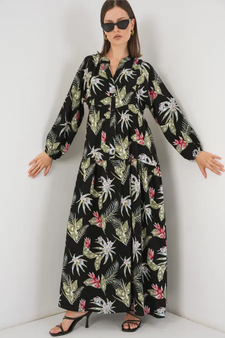 Women's Patterned Long Hijab Dress 2585 - Dark Black