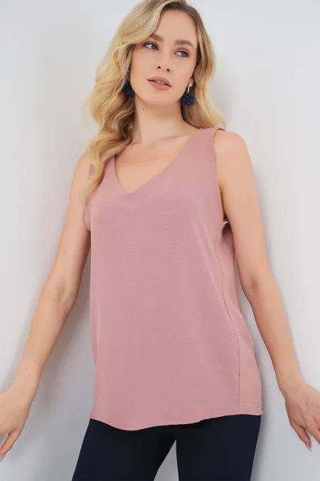 V Yaka Sıfır Kol Bluz 950 - Somon