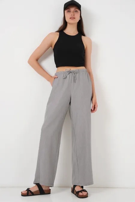 Women's Wide Leg Linen Trousers 6735 - Grey