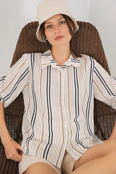 Women's Striped Short Sleeve Shirt 20345 - Beige