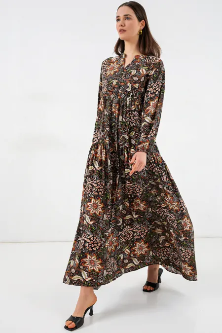 Women's Patterned Long Hijab Dress 2585 - L. Black