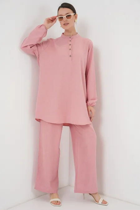 6678 Keten Tunik Pantolon İkili Takım - Pembe