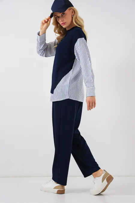 Women's Striped Woven Two-Piece Set 6750 - Navy Blue Women's Striped Woven Two-Piece Set 6750 - Navy Blue