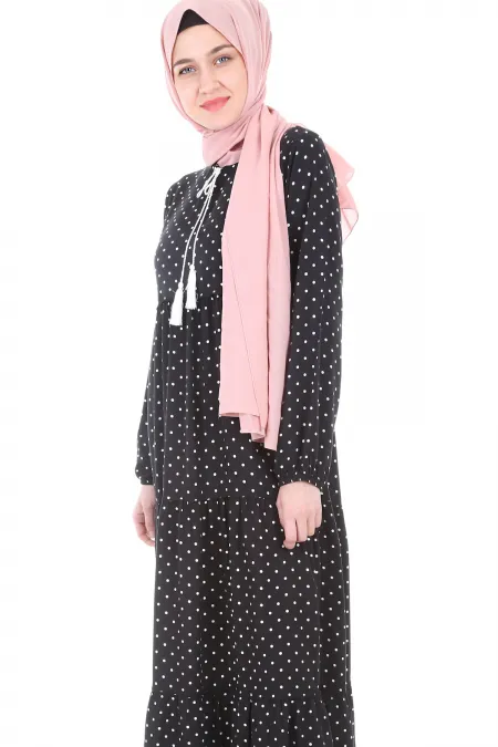 1627 Yaka Bağcıklı Tesettür Elbise - F. Siyah