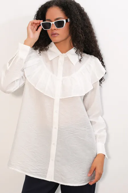 Women's Ruffle Detail Shirt Tunic 5994 - White Women's Ruffle Detail Shirt Tunic 5994 - White