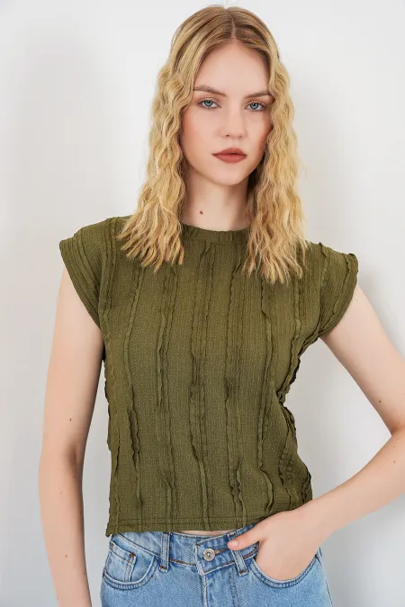 Women's Textured Sleeveless Knitted Stretch Blouse 991 - Khaki
