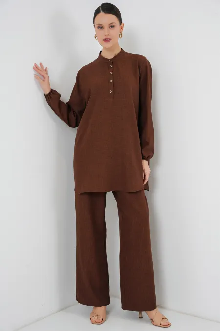 6678 Linen Tunic Trousers Two Piece Suit - Brown