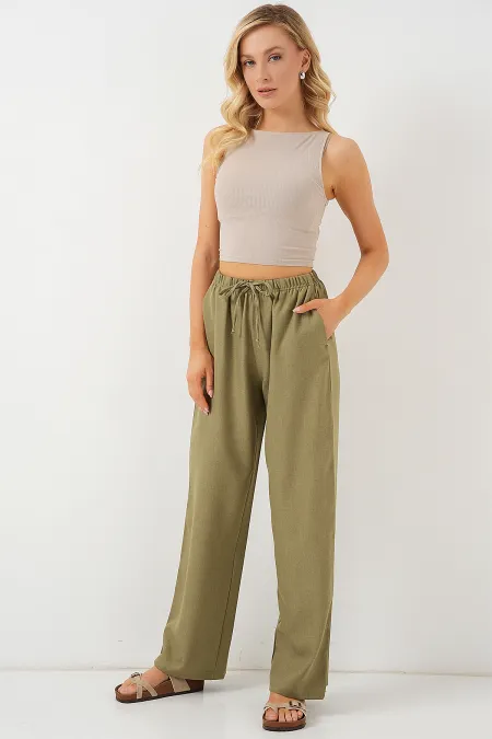 Women's Wide Leg Linen Trousers 6735 - Çağla