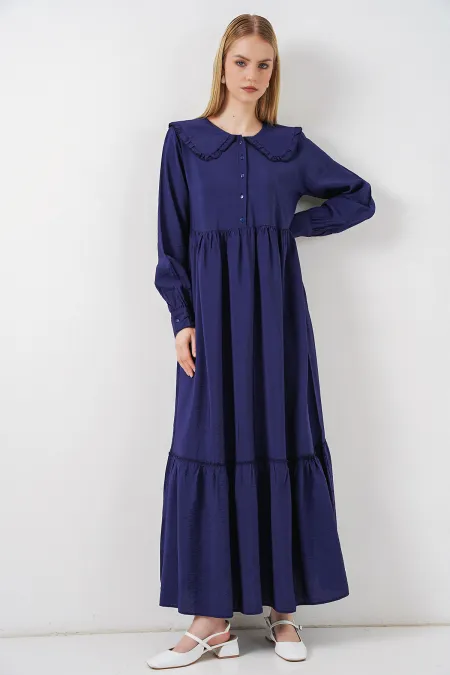 Kadın Bebe Yaka Uzun Tesettür Elbise 2592 - Lacivert