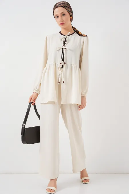 Kadın Önü Bağcıklı Tunik Pantolon İkili Takım 6744 - Ekru