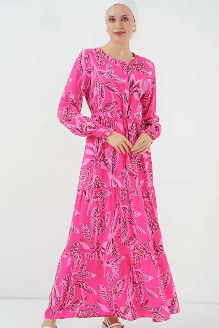 2145 Patterned Hijab Dress - Fuchsia