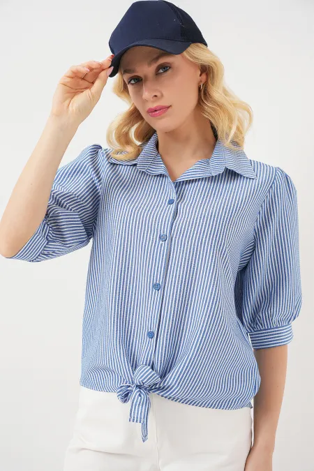Chemise rayée à nouer sur le devant pour femme 20323 - Bleu marine