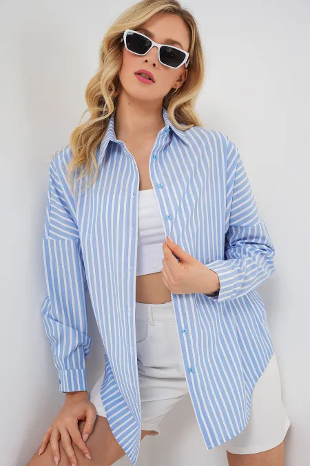 Chemise rayée oversize pour femme 20332 - Bleu foncé