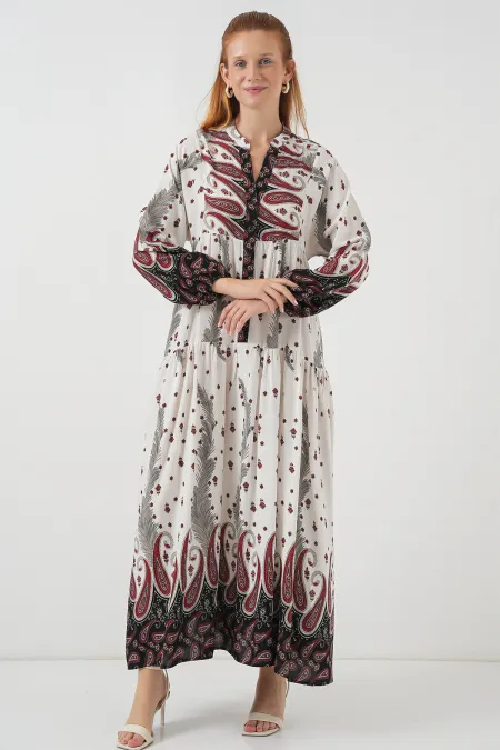 Women's Patterned Long Hijab Dress 2585 - Light Red