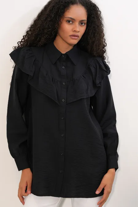 Women's Ruffle Detail Shirt Tunic 5994 - Black Women's Ruffle Detail Shirt Tunic 5994 - Black