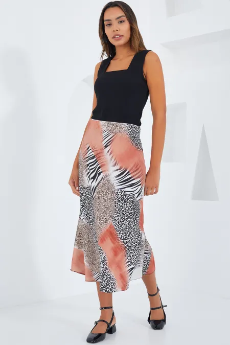 Jupe en satin noir à motifs saumon pour femme 15806