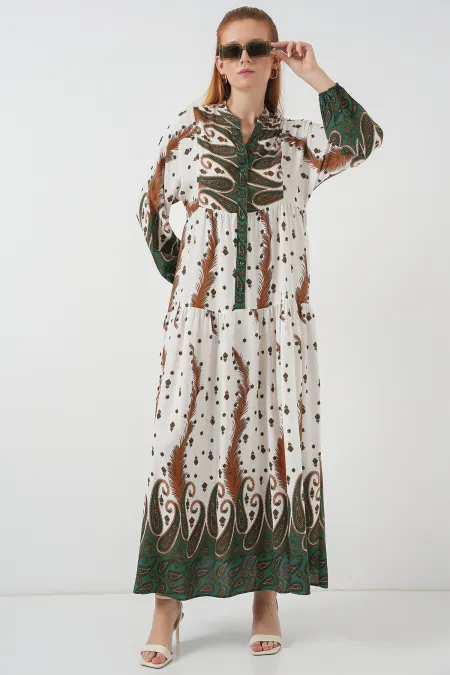 Robe longue hijab à motifs pour femme 2585 - Moutarde