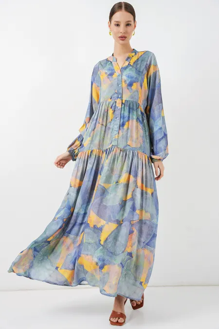 Robe longue hijab à motifs pour femme 2585 - Bleu clair