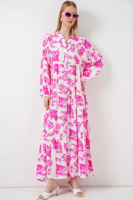 Women's Patterned Long Hijab Dress 2585 - Pink