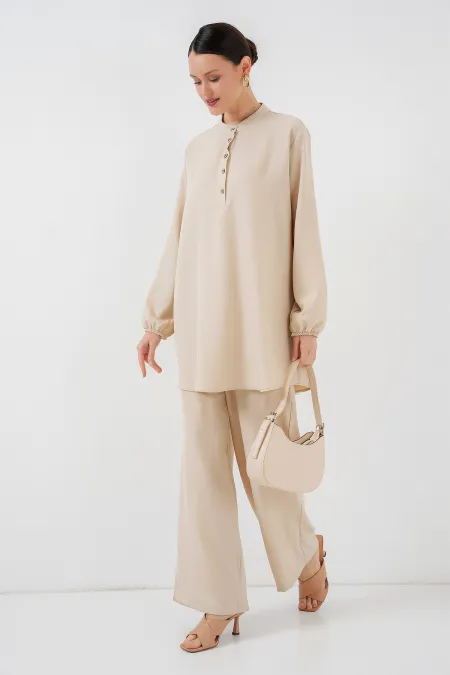6678 Linen Tunic Trousers Two Piece Set - Cream