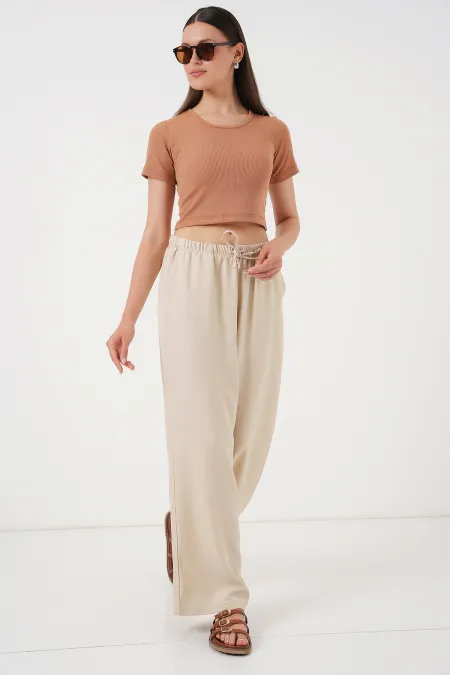 Kadın Geniş Paça Keten Pantolon 6735 - Krem