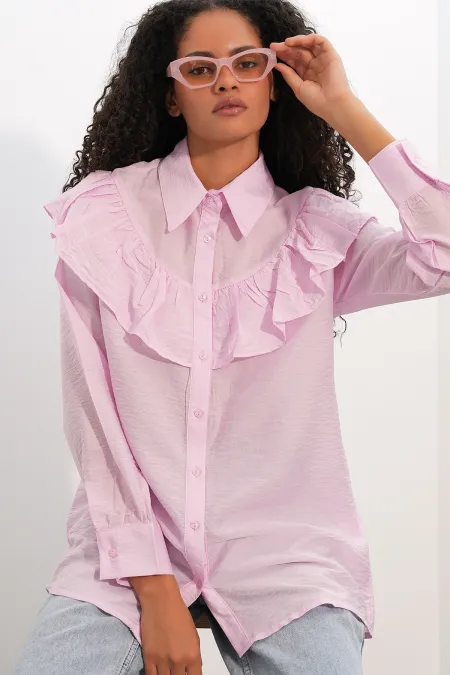 Women's Ruffle Detail Shirt Tunic 5994 - Powder Pink Women's Ruffle Detail Shirt Tunic 5994 - Powder Pink