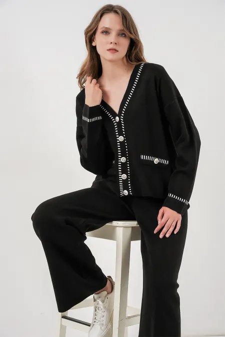 Women's Embroidered Knitwear Cardigan Trousers Two-Piece Suit 15963 - Black