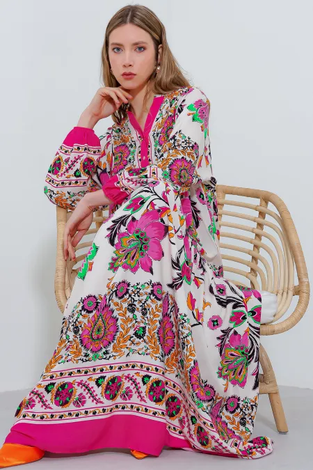 Robe hijab en viscose à motifs crème fuchsia pour femme 2423