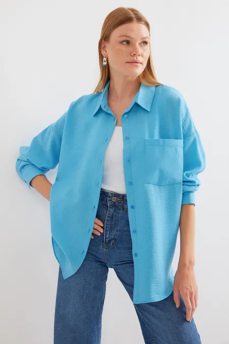 Chemise oversize en lin à poche unique 20153 - Bleu clair
