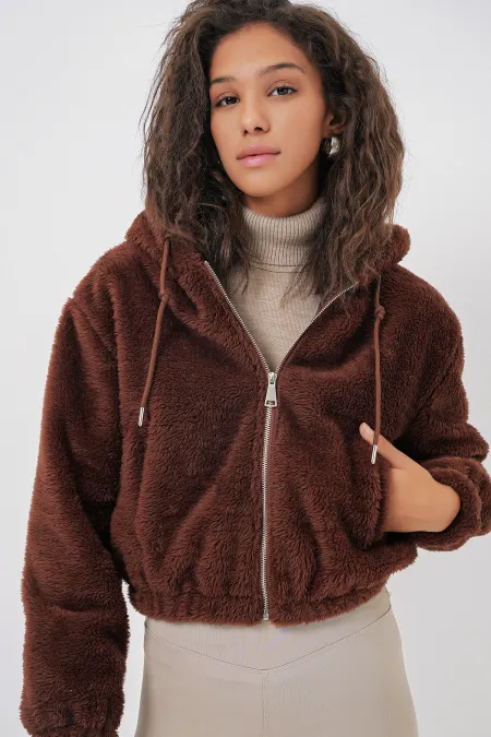 5193 Hooded Plush Crop Jacket - Brown