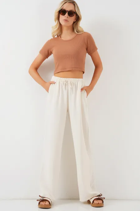 Women's High-Waisted Wide-Leg Trousers - Cream