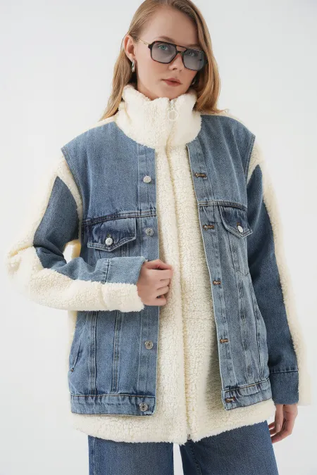 5198 Uzun Peluş Kot Mont - Lacivert