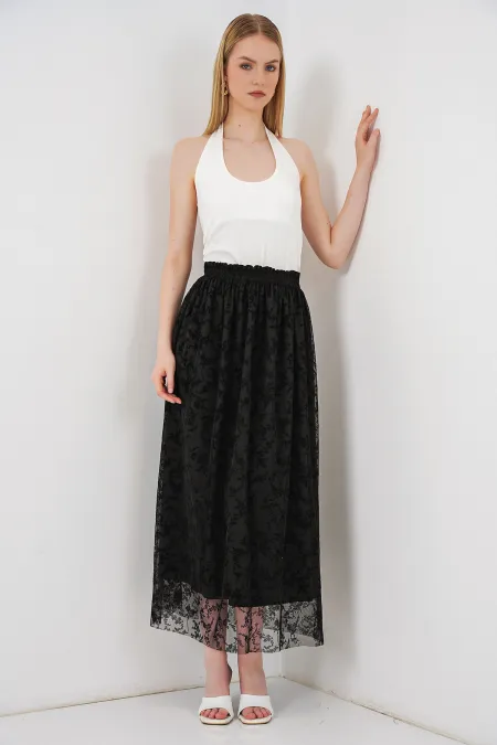 Kadın Flok Baskılı Astarlı Etek 8076 - Siyah