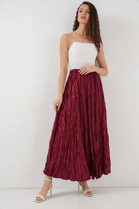 Jupe longue froissée brillante pour femme 8034 - Bordeaux