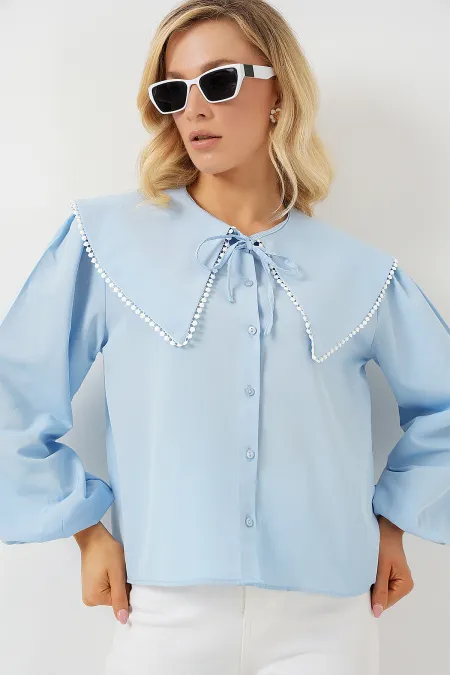 Chemise à col bébé pour femme 20314 - Bleu