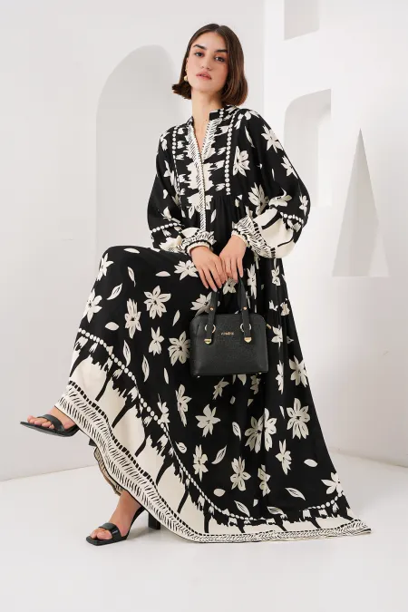 2423 Authentic Patterned Hijab Dress - Black2