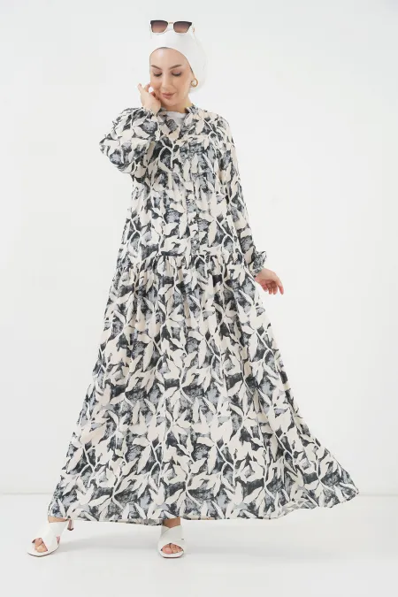 2423 Otantik Desenli Tesettür Elbise - V. Antrasit