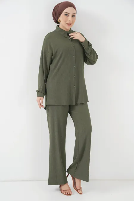 Ensemble hijab tricoté deux pièces T5858 - Kaki