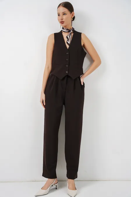 Ensemble deux pièces gilet et pantalon pour femme 30091 - Marron