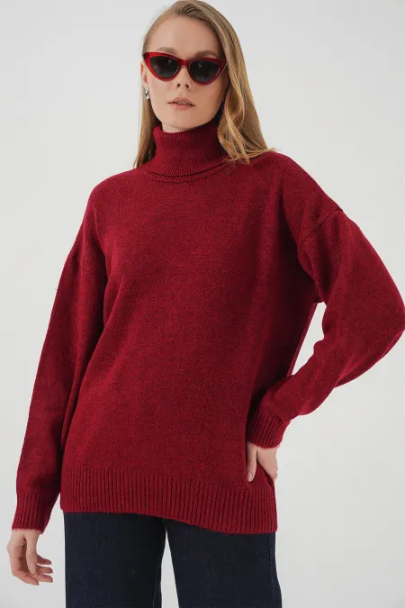 Pull à col roulé oversize en maille pour femme 15917 - Rouge