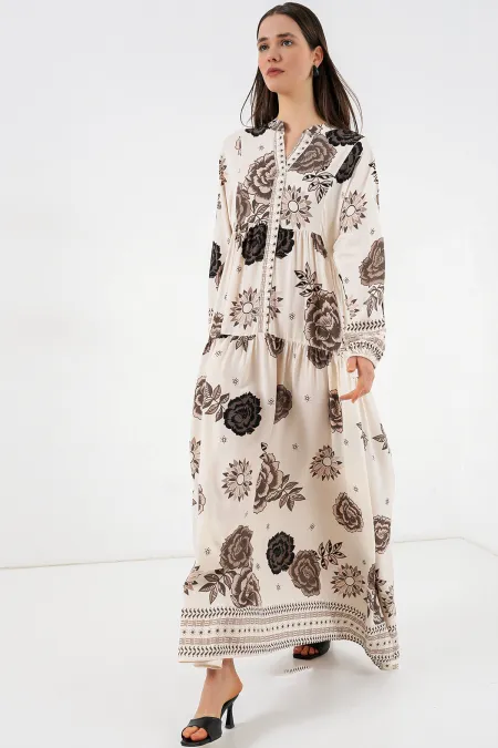 Robe longue hijab à motifs pour femme 2585 - Beige clair