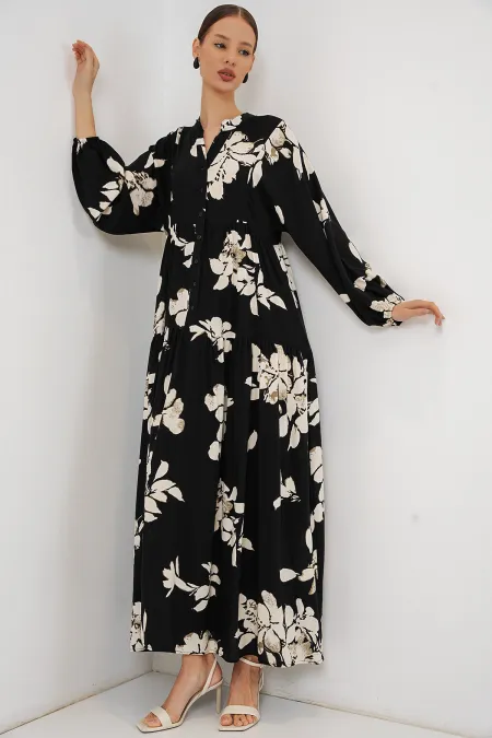 Robe longue hijab à motifs pour femme 2585 - Noir uni