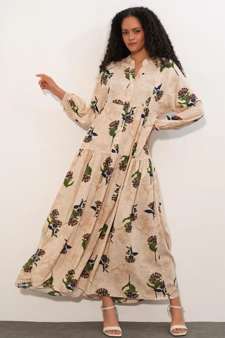 Women's Patterned Long Hijab Dress 2585 - Navy Brown Women's Patterned Long Hijab Dress 2585 - Navy Brown