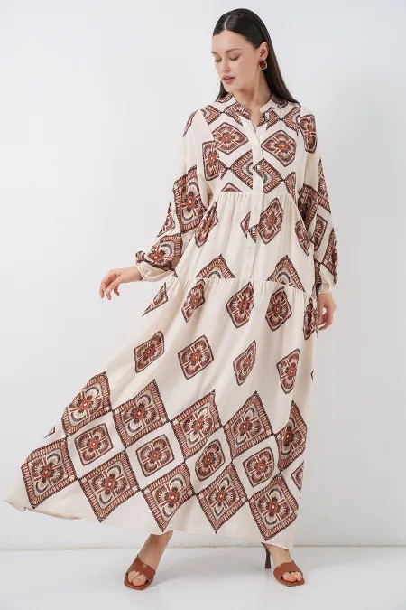 Women's Patterned Long Hijab Dress 2585 - Ecru Brown