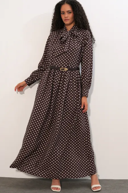 Women's Belted Polka Dot Hijab Dress 2613 - Brown Women's Belted Polka Dot Hijab Dress 2613 - Brown