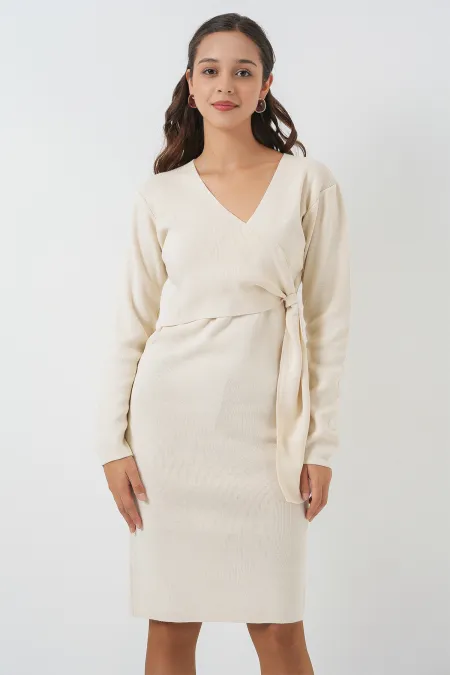 Kadın Kruvaze Yaka Triko Elbise 15928 - Ekru