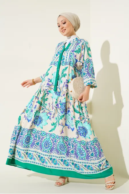 2423 Authentic Patterned Hijab Dress - M. Green