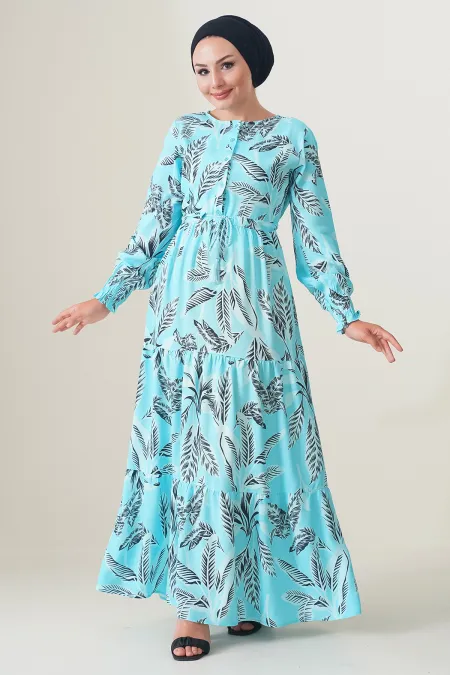 2145 Patterned Hijab Dress - Turquoise