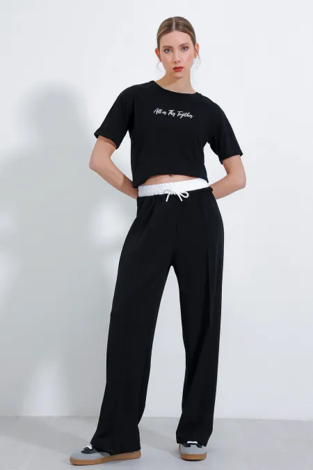 Women's Black Wide Leg Striped Trousers 6662